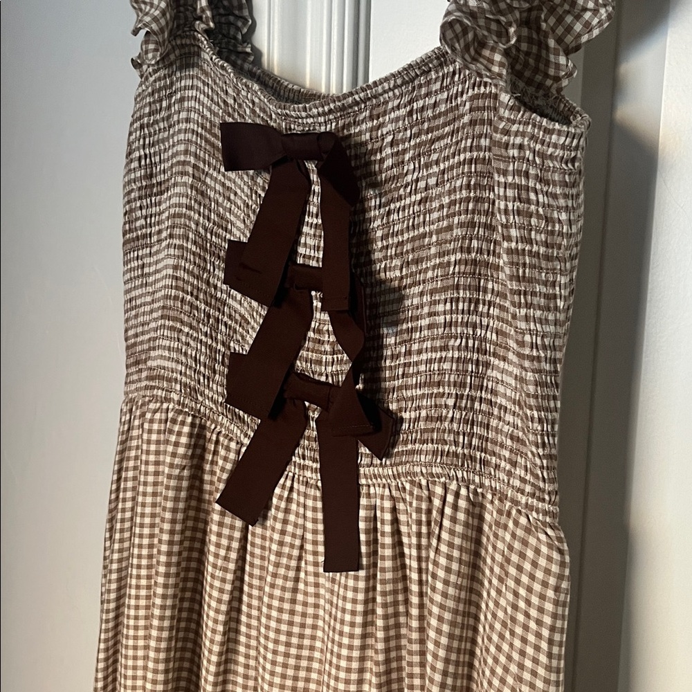 By the River Brown Gingham Maxi Dress with Ruffle Straps